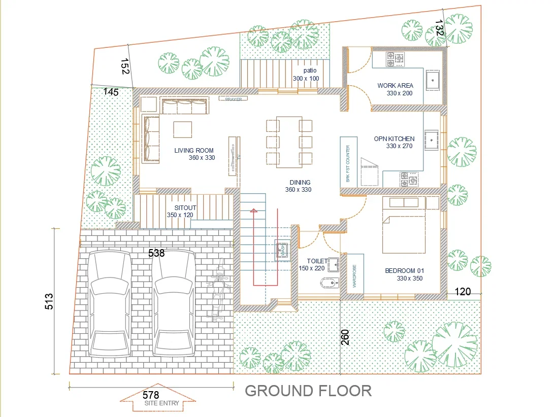 Residential luxurious Bungalow Ground Floor 578cm Entry Layout DWG
