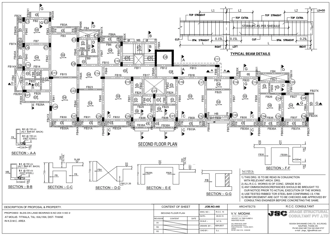 Residential Second Floor Column Detail Plan with Beam Sections DWG
