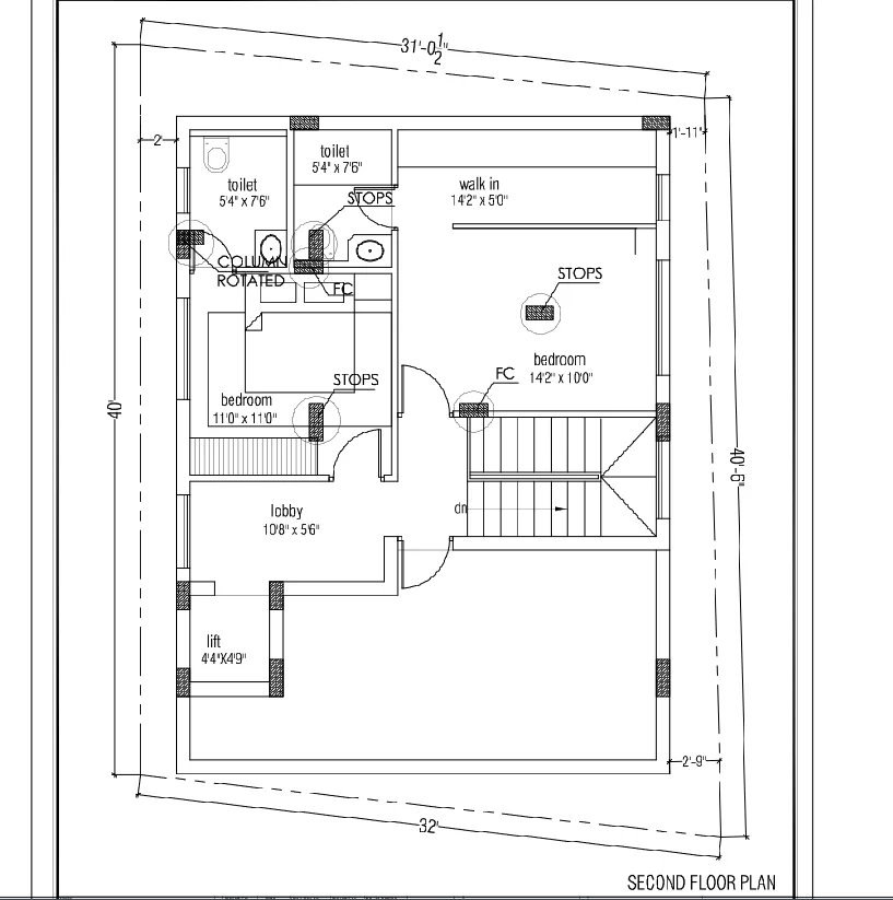 Residential Second Floor Column Position Plans 31ft 40ft DWG