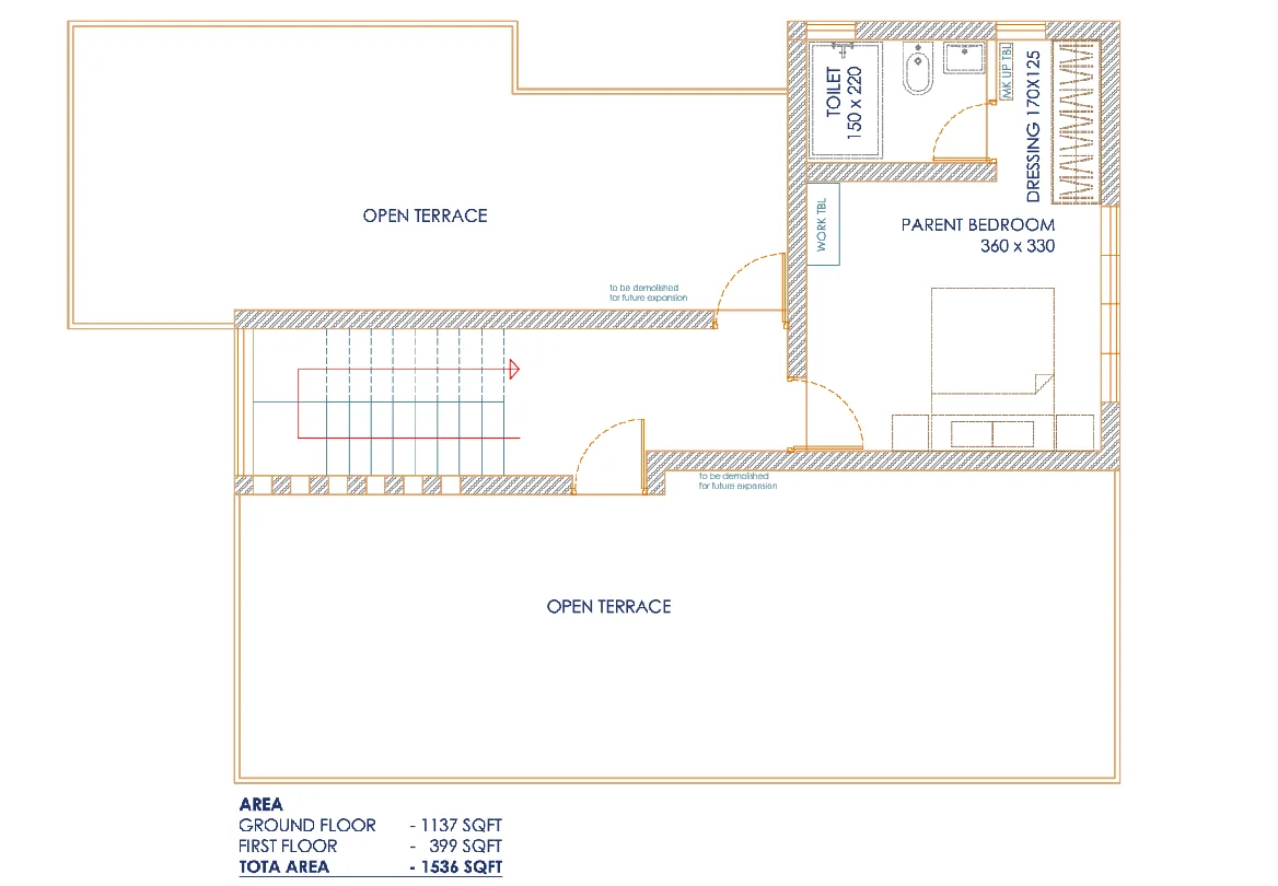 Residential Second Floor Plan with 360x330 Bedroom and Terrace