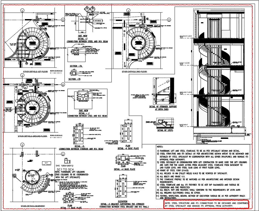 Spiral Staircase Steel Stringer Detail With 250mm Slab CAD Drawing