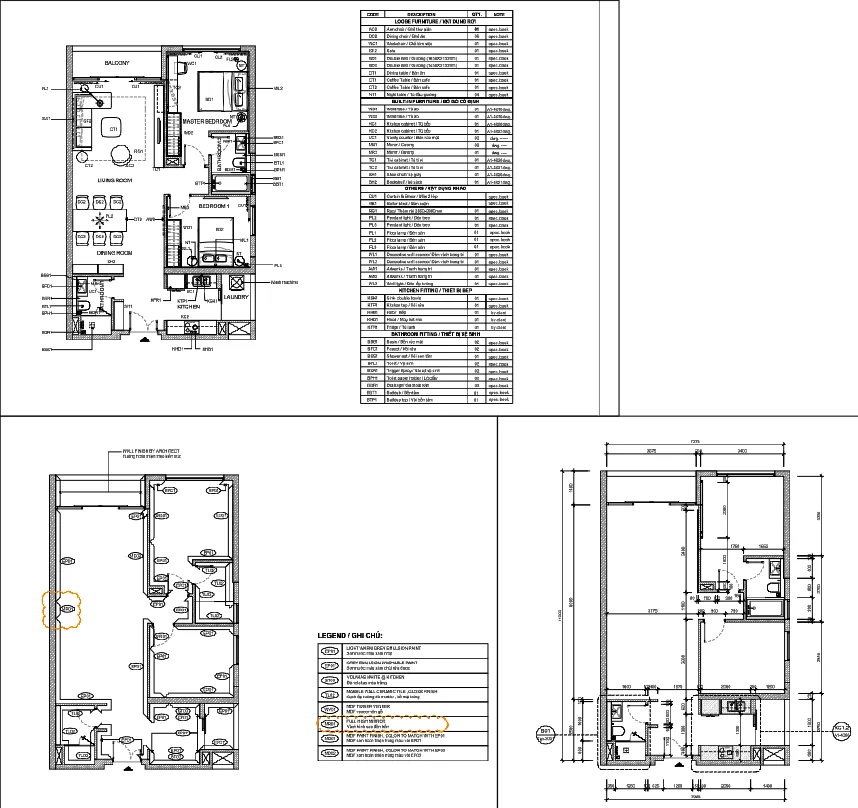 2 BHK Residential Apartment Layout with Detailed Furniture Fixtures