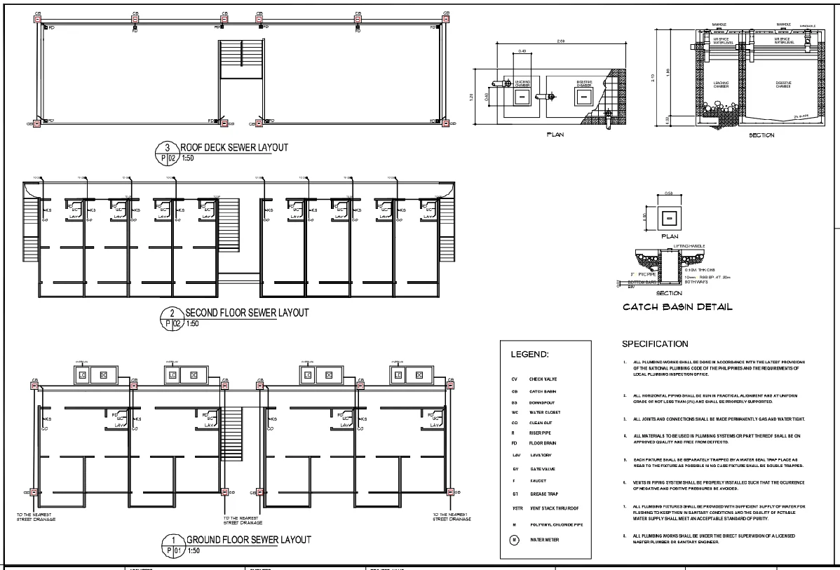 Apartment Plumbing Layout DWG Sewer Plan 1 50 Catch Basin Detail
