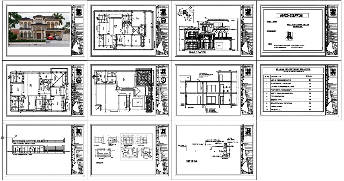 Bungalow architectural working drawing plan elevation section
