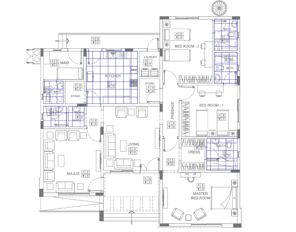 Bungalow Ceiling Layout DWG 3B Villa Kitchen Bath False Ceiling