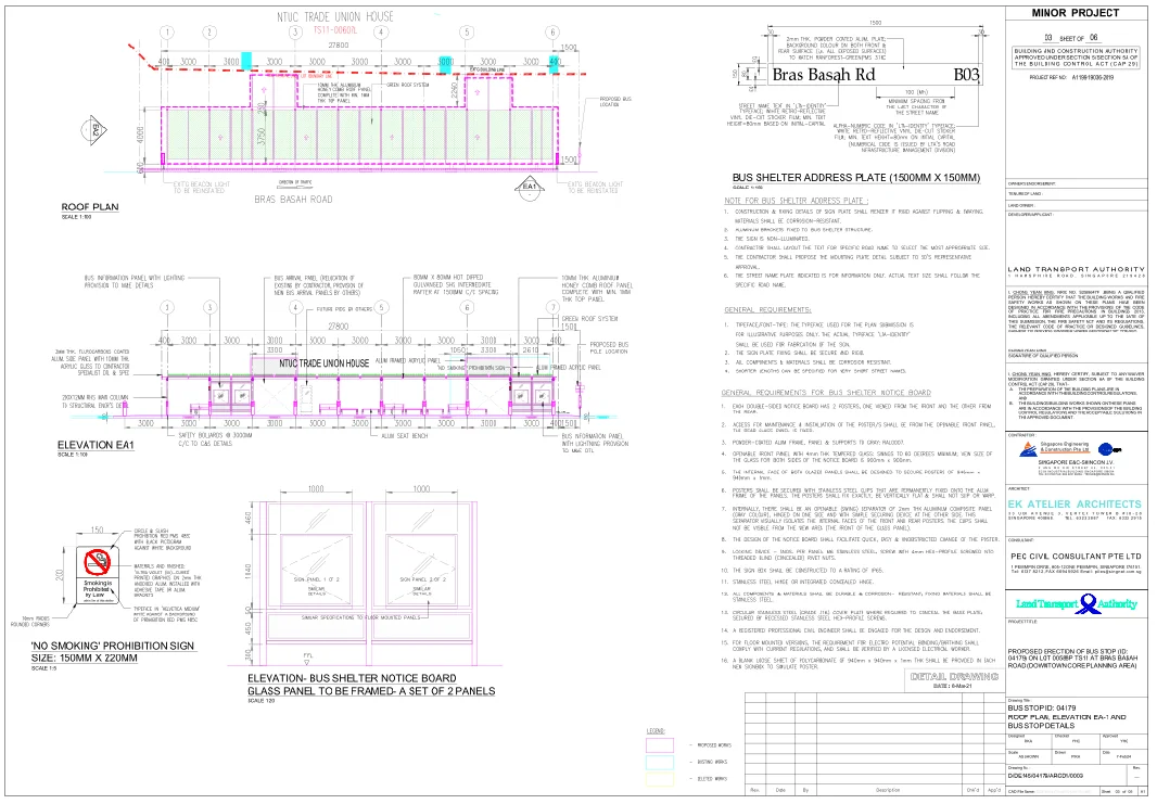 Bus shelter roof plan elevation and detail drawing 1500mm size