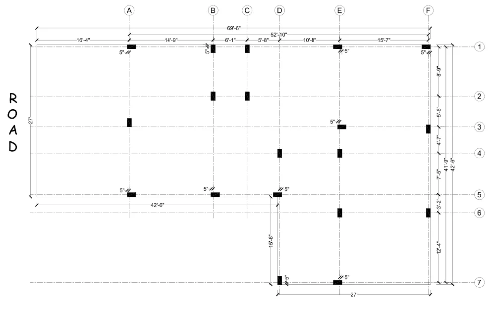 Column Layout Plan 69ft6in Plot 114 98 Grid Design AutoCAD DWG