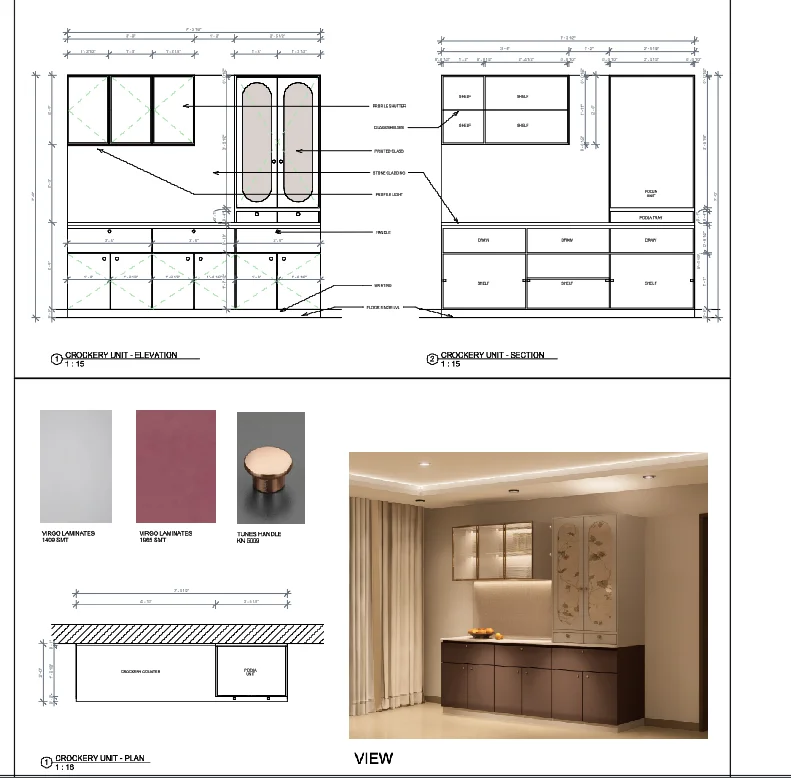 Crockery Pooja Unit Interior Drawings DWG With Cabinet Sizes