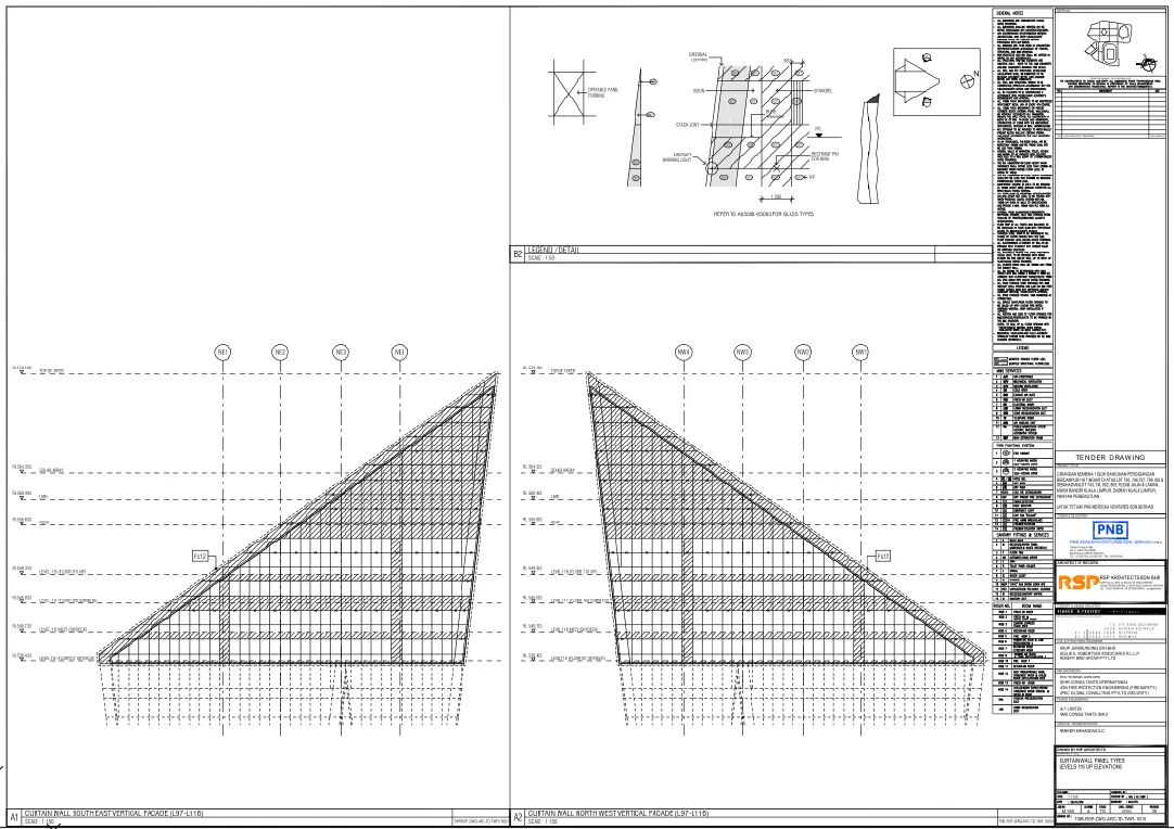 Curtain Wall Panel Types DWG L97 to L116 Elevation CAD Detail