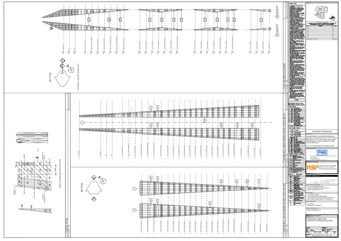 Curtain Wall Panel Types Levels Unfolded Elevation 96 to 118 DWG