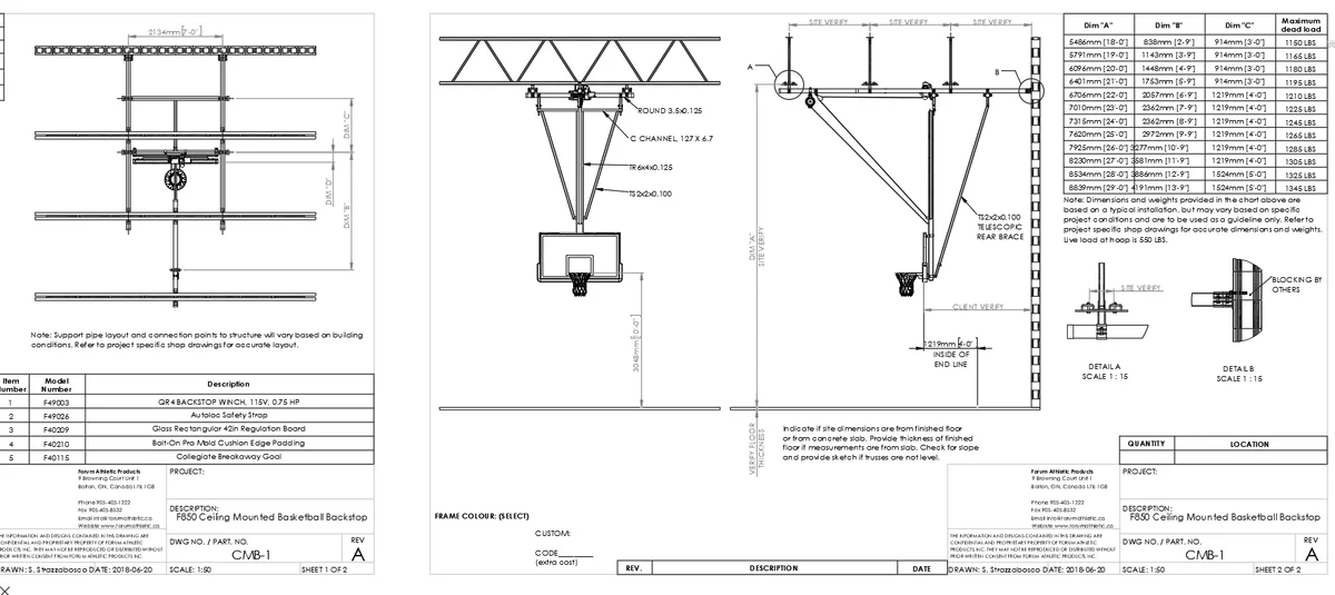 Generic Ceiling Mounted Basketball Backstop DWG 2134mm Plans