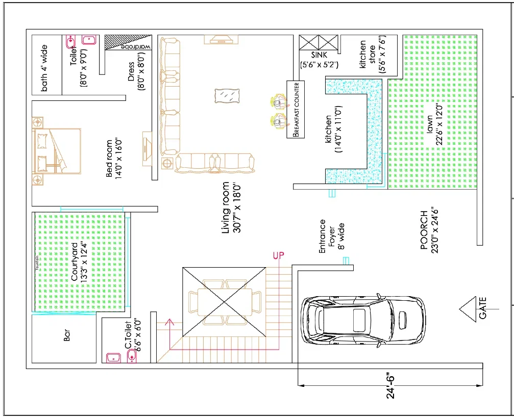 Ground Floor House Layout 30x18 Living 23x24 Porch Plans DWG