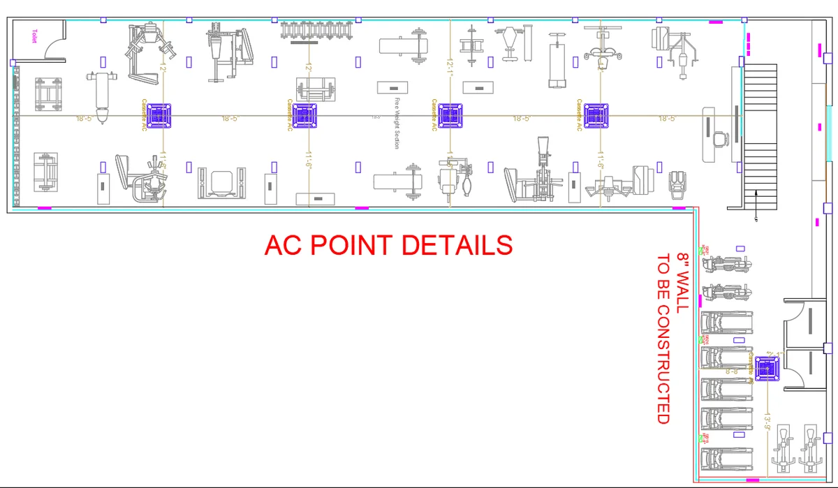 Gym AC Point Details Layout 18ft 5in 12ft 11in 8 inch wall DWG