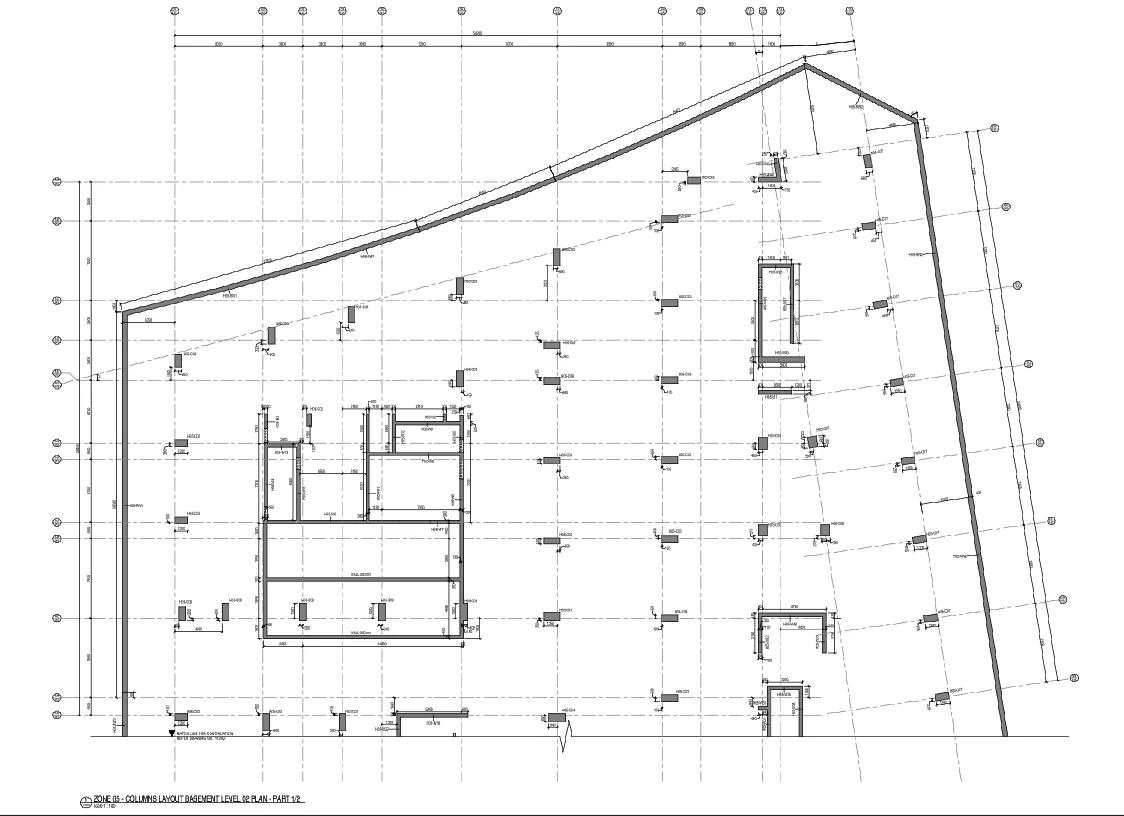 Hotel Columns Layout DWG Basement Level 02 Plan 7200 Grid Detail