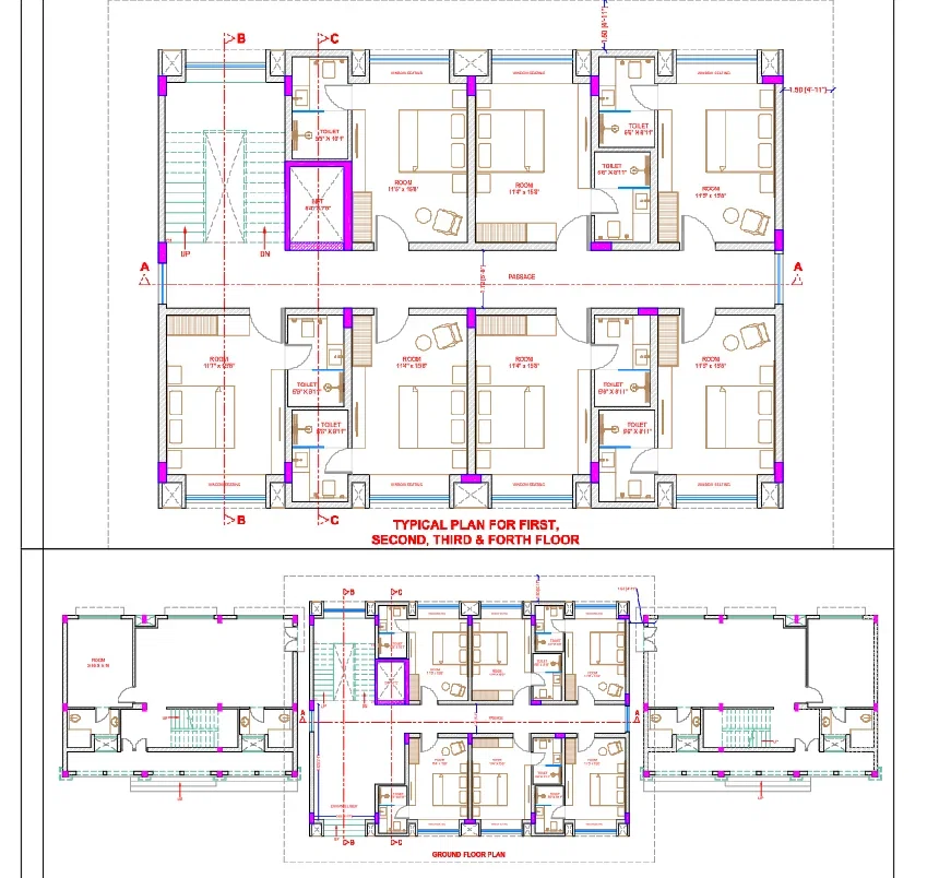 Hotel Layout Plan DWG Ground to Fourth Floor Room Detail Plan