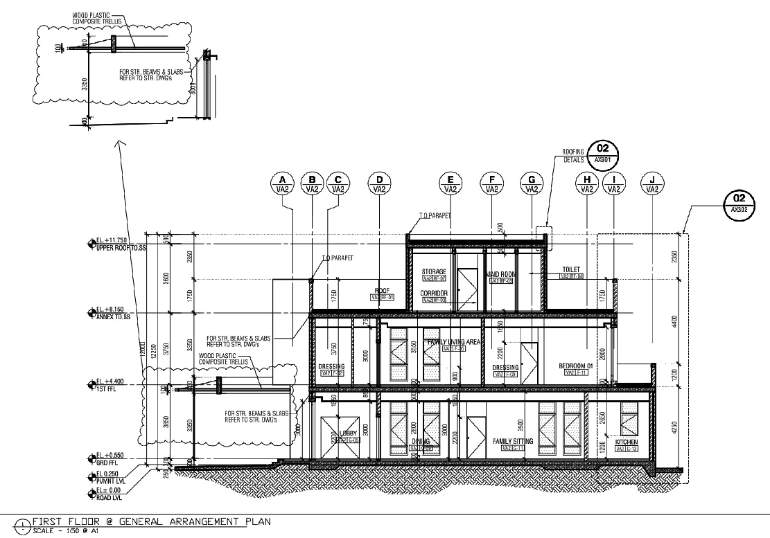 House Sectional Elevation DWG Multi-Level with Detailed Room Layout