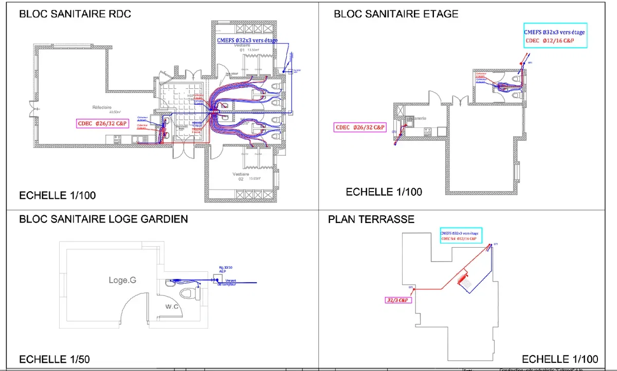 Industrial Sanitary Plumbing Layout DWG With Pipe Sizes Details