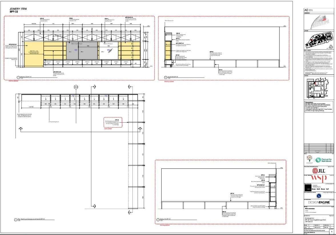 Kindergarten Teaching Storage Wall DWG With Bench Dimensions