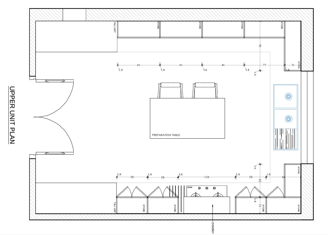 Kitchen Upper Layout Plan 110cm Prep Table Store Unit DWG files