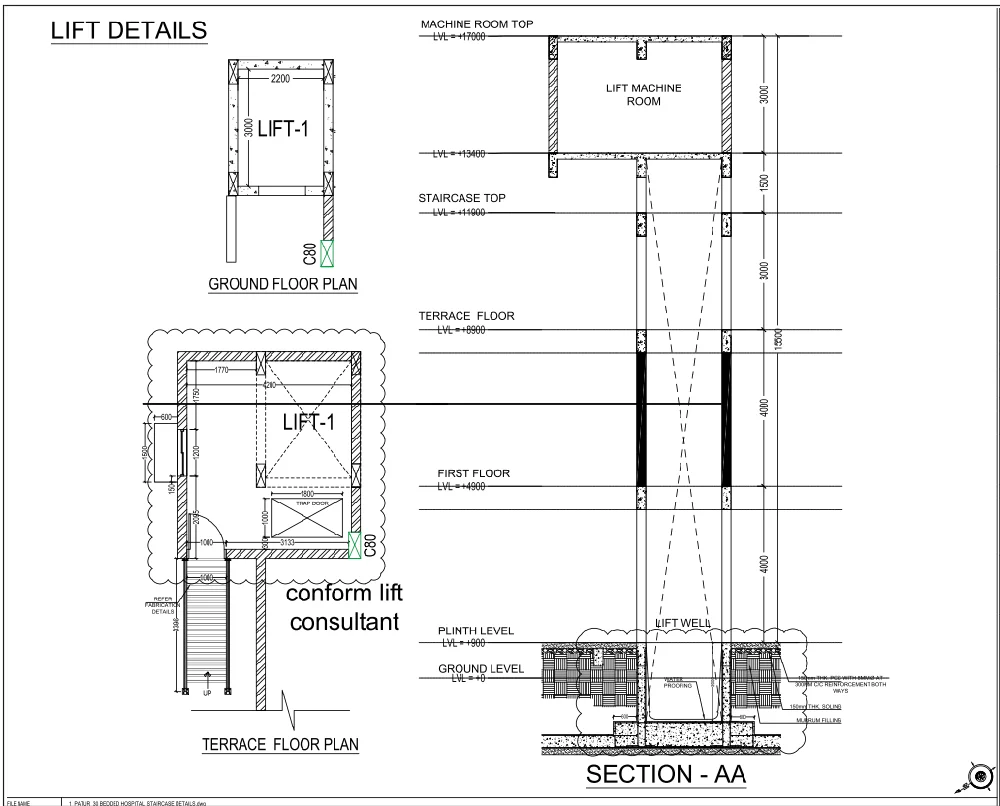 Lift Details Plan 2200x3000 Lift Well Section AA DWG Layouts