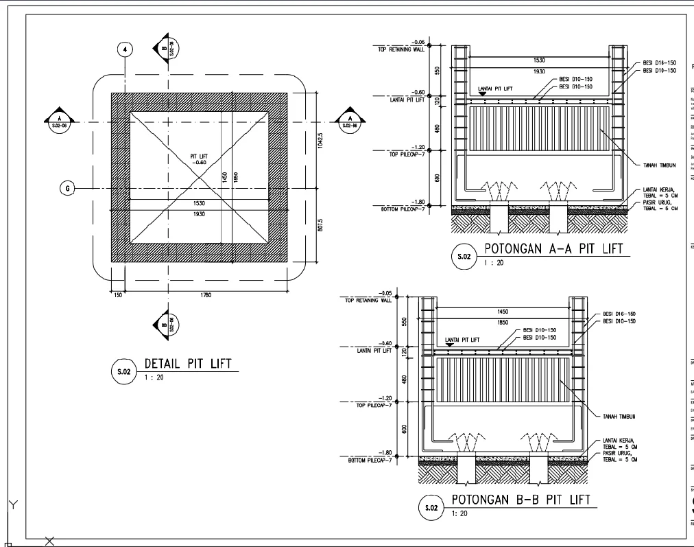 Lift Pit Detail DWG 1530x1930 Section A A B B Reinforcement Plan