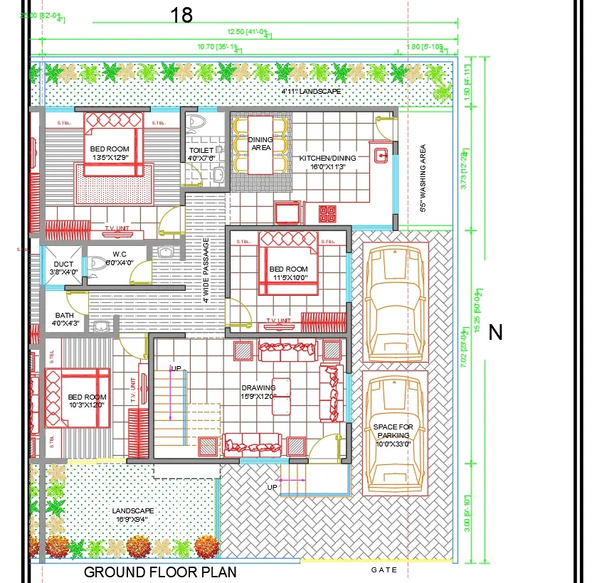Luxurious Bungalow Ground Floor Plan DWG 41x50 with Bedrooms