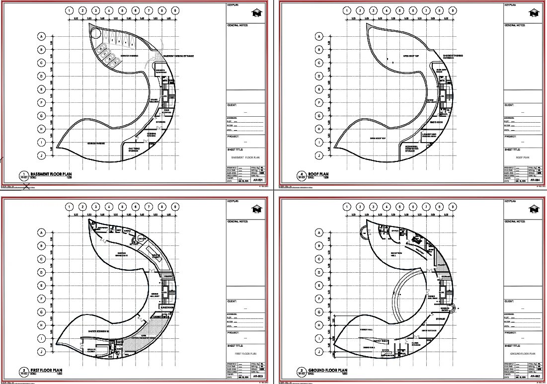 Luxurious Villa All Floor Plan DWG With 5m Grid Basement Roof Layout