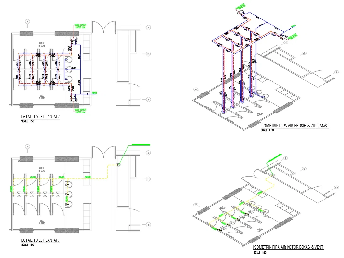 Multi-Floor Toilet Plumbing DWG Layout With Isometric Pipe Detail