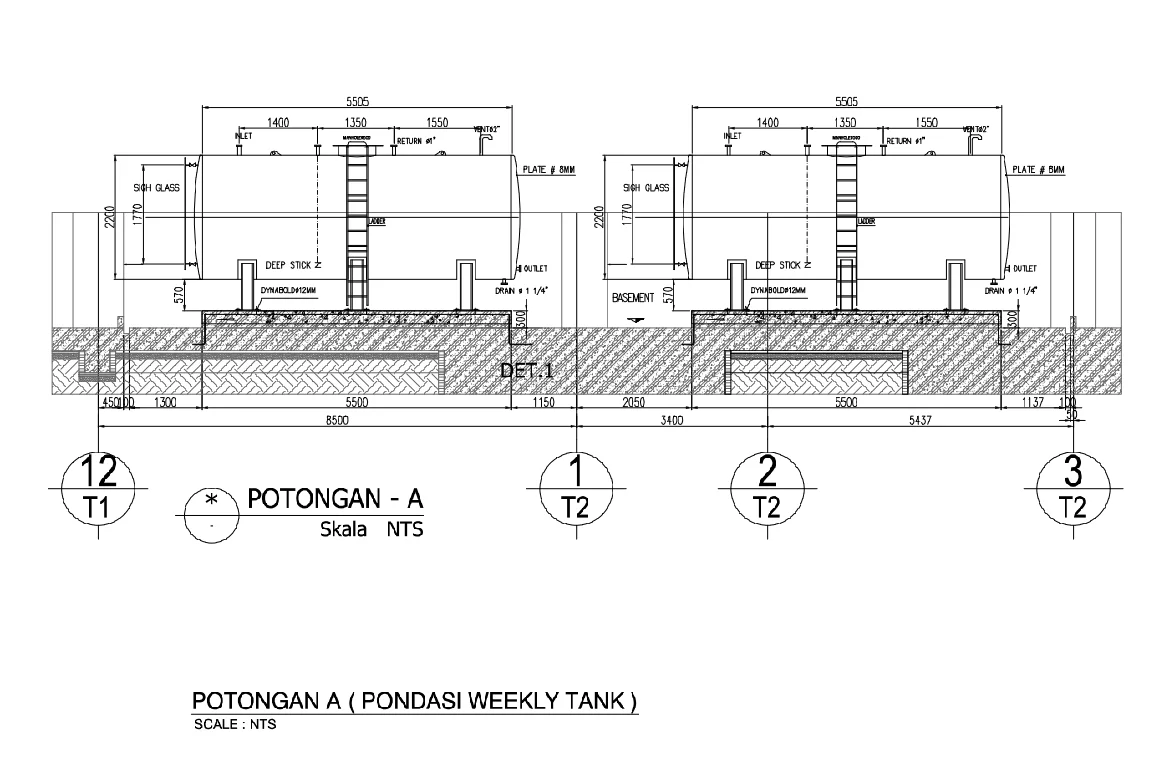 Potongan A Pondasi Weekly Tank DWG Section Detail With Sizes