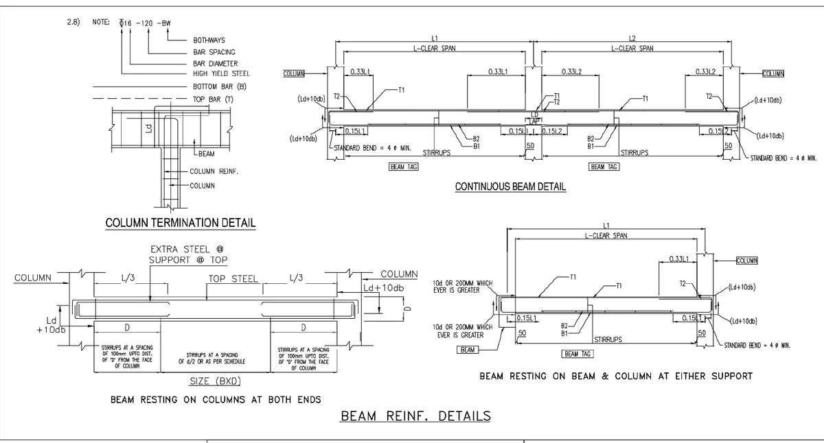 RCC Column Detail And Beam Reinforcement DWG With Dimensions