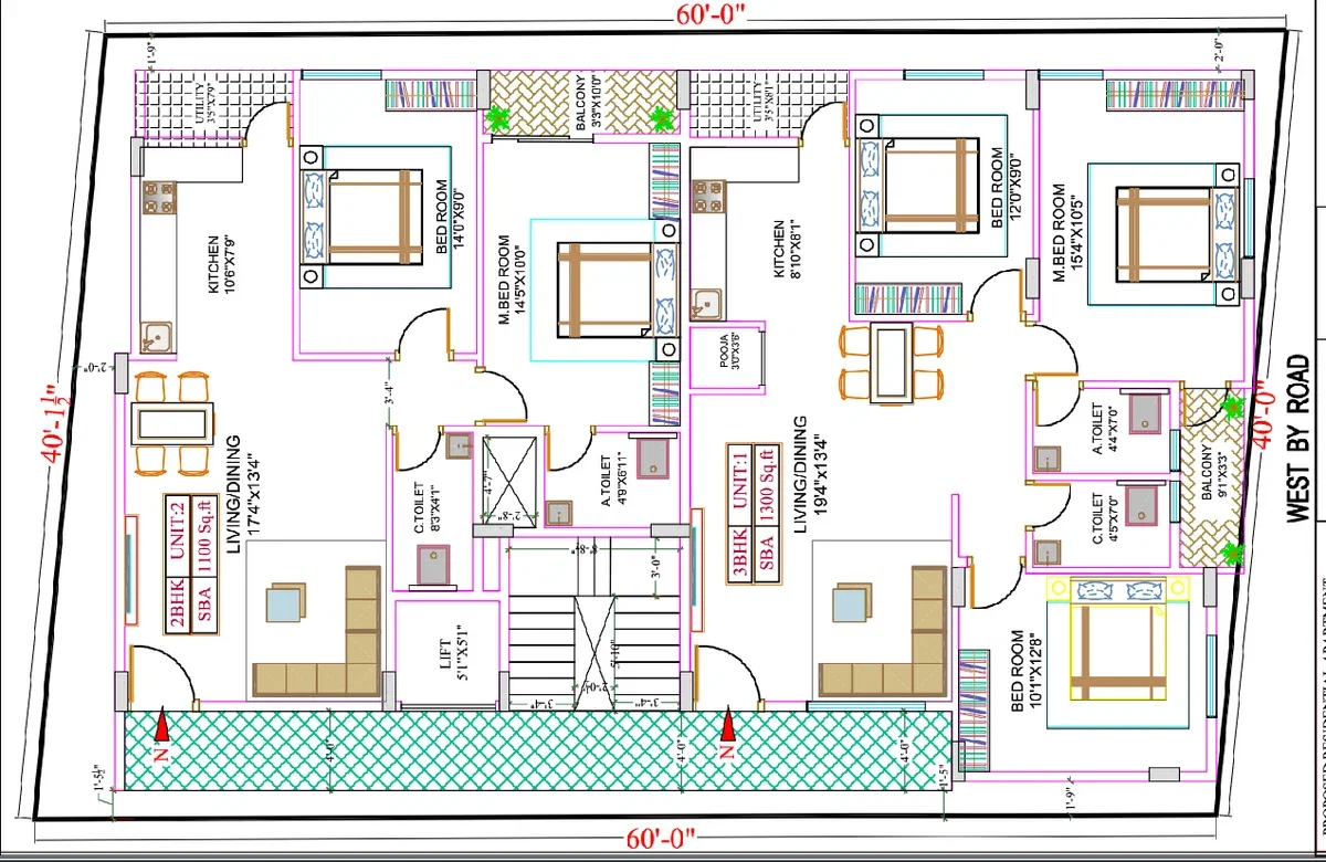 Residential Floor Layout DWG 60 0 x 40 0 Plan 2BHK 3BHK Units Design