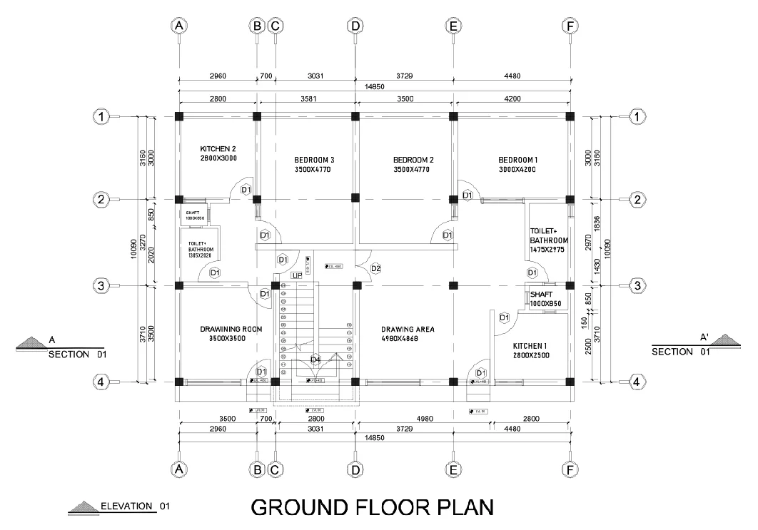 Residential Ground Floor Plan 14850mm 3 Bedroom Layout DWG files