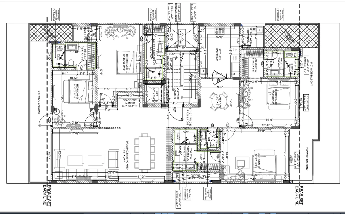 Residential typical floor civil plan with full dimension layout