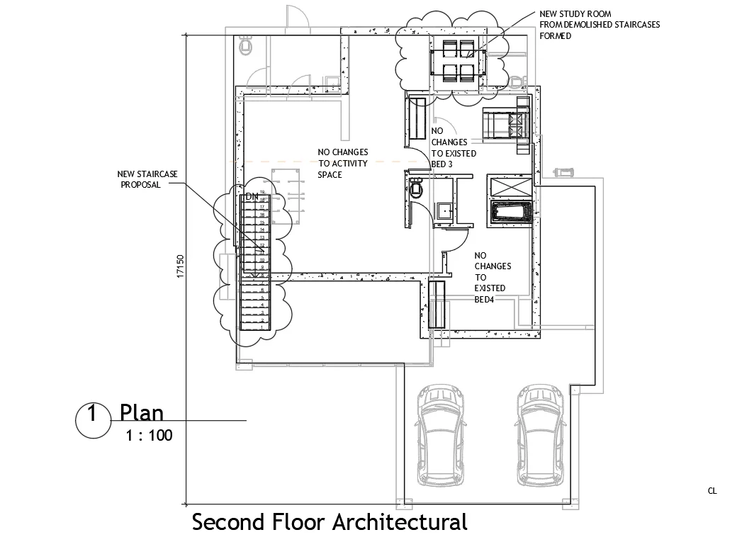 Second Floor Architectural Plan DWG Staircase Study Room Layout