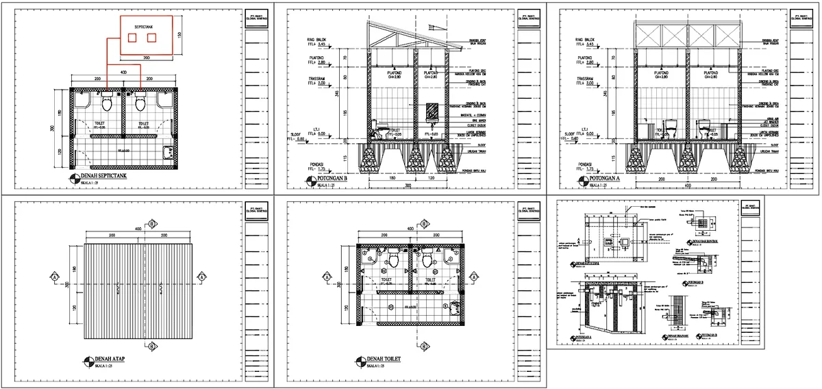 Toilet Plan And Septic Tank Detail DWG With Dimensions And Sections