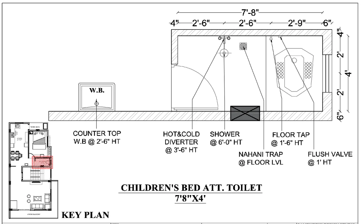 Toilet Plumbing Layout plan DWG 7ft8in x 4ft Detailed Plan File
