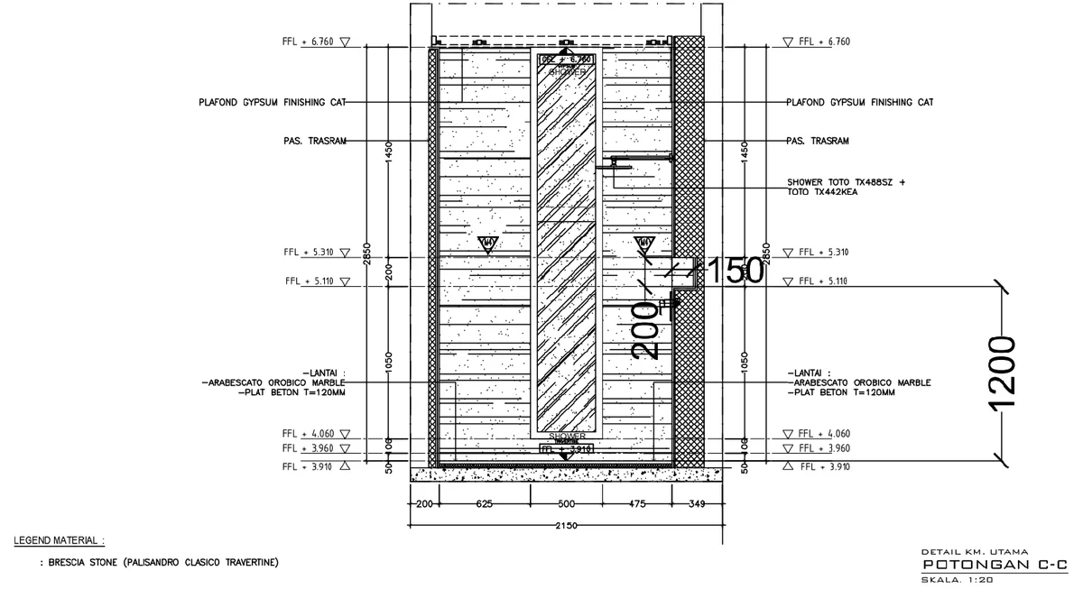 Villa Arsitektur Bathroom Section 2150x1200 200mm Detail DWG