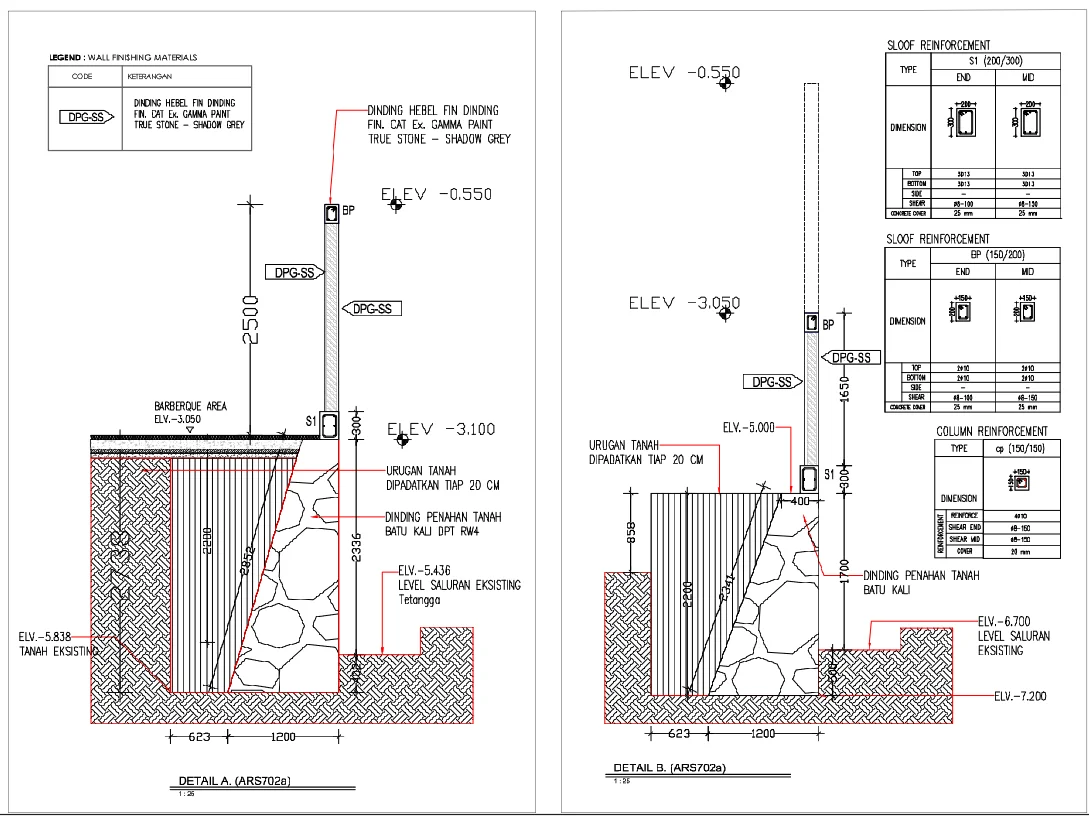 Villa Back Fence Detail DWG 2500 Height Retaining Wall Section