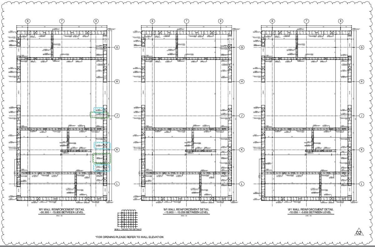 Wall Reinforcement Detail DWG Plan With Rebar Sizes And Levels