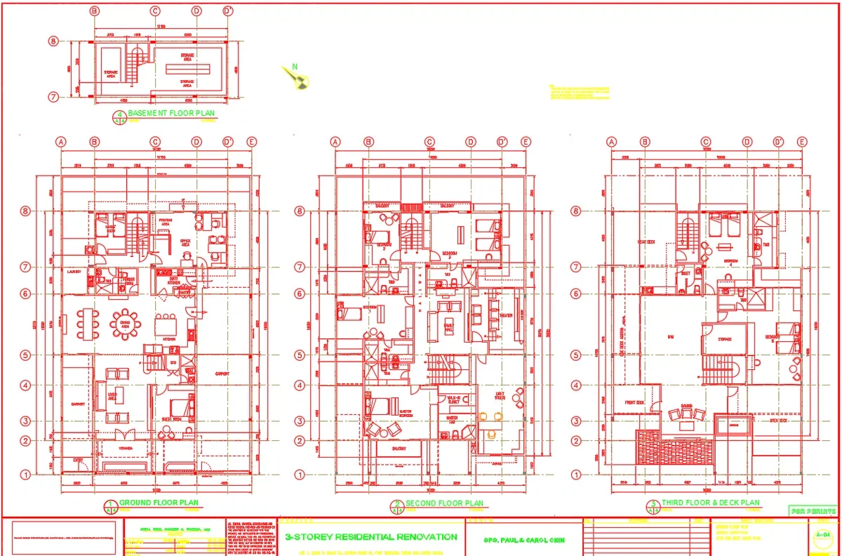3 Storey Residential Renovation DWG Plan With Basement Layout