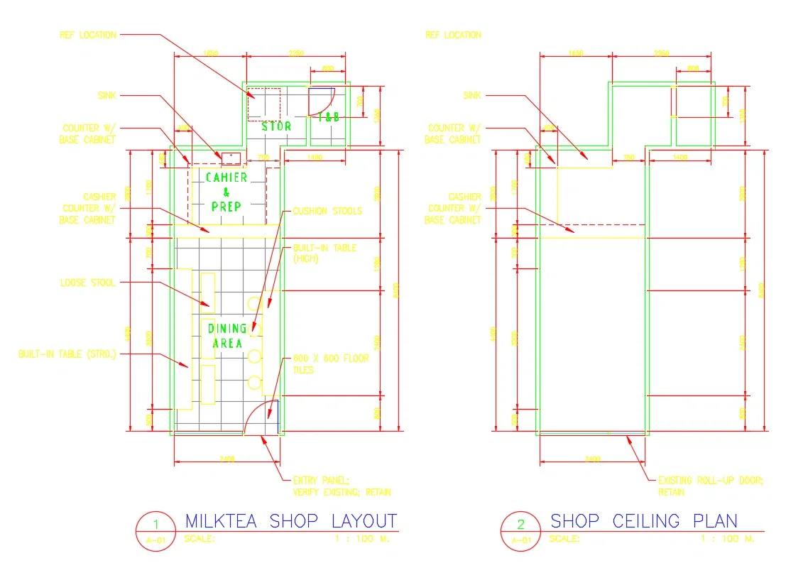 Free Milk Tea Shop Layout and Ceiling Plan DWG Design File download