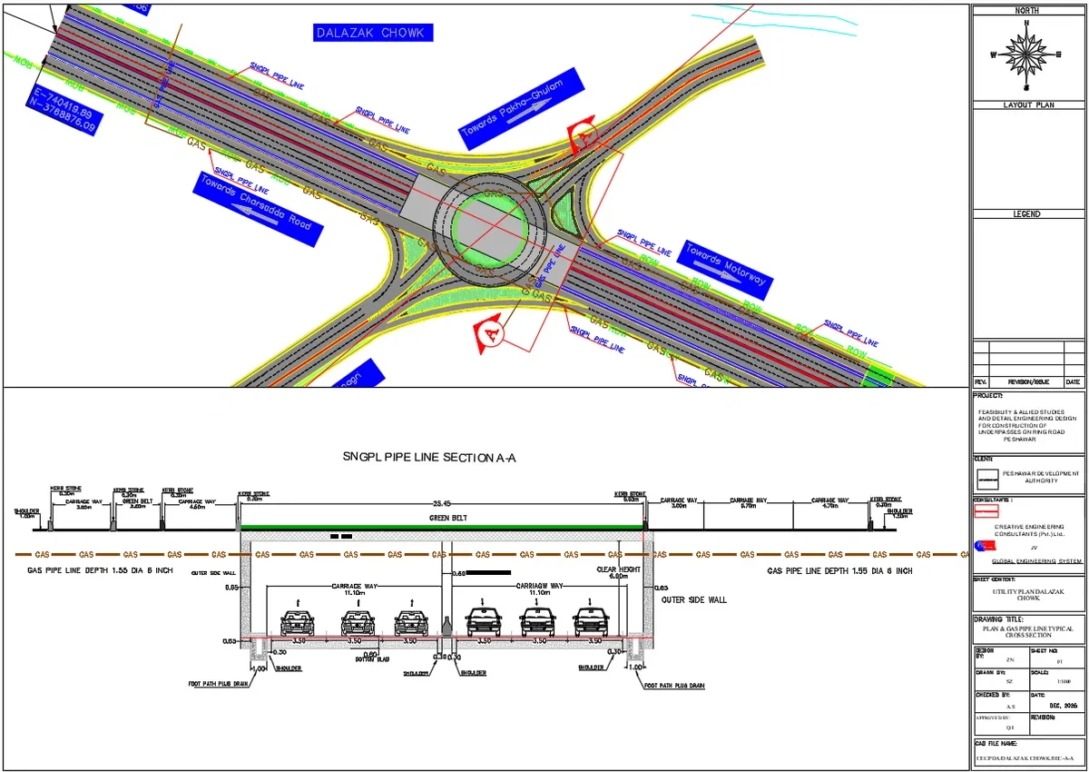 Road Utility Pipeline Layout DWG Roundabout Section dwg Plan