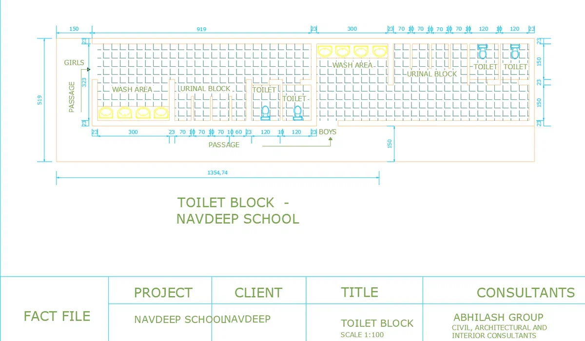 School Toilet Block Plan DWG Layout Size 13547x5190 mm Design