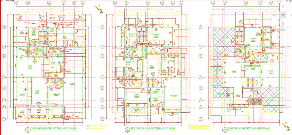 Three Floor Residential Setting Out Plan DWG With Dimensions