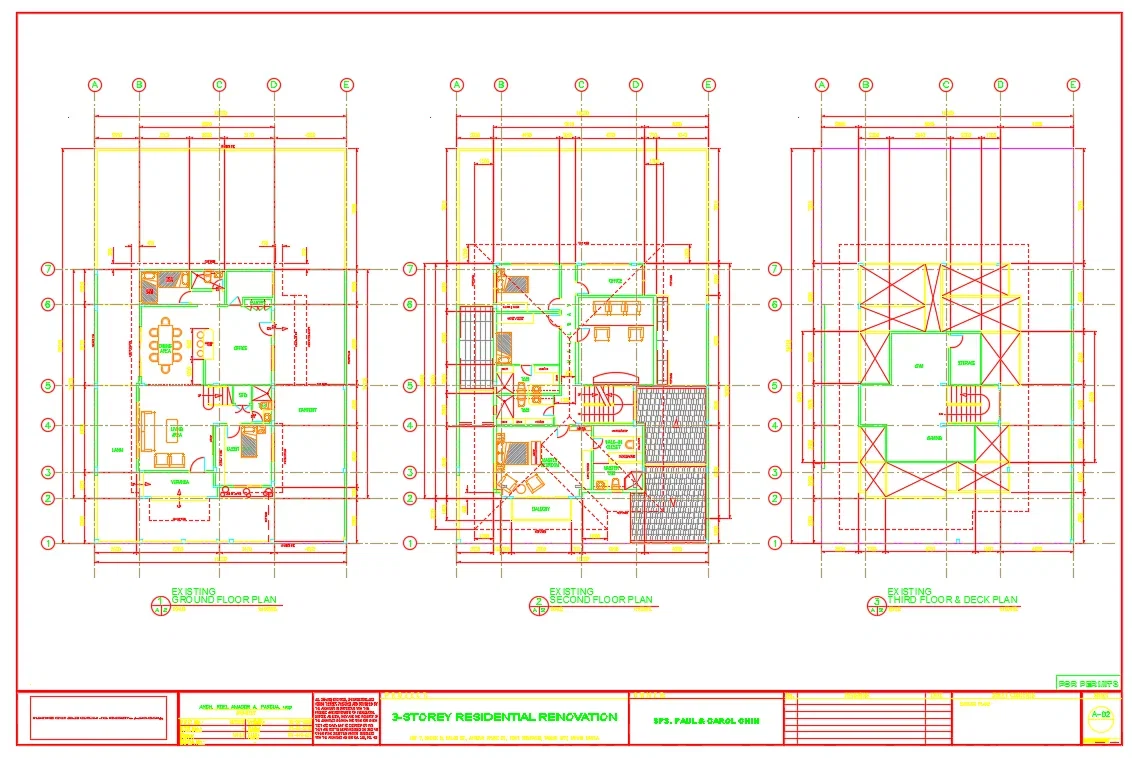 Three Story Residential Renovation DWG Plan With Layouts dwg files