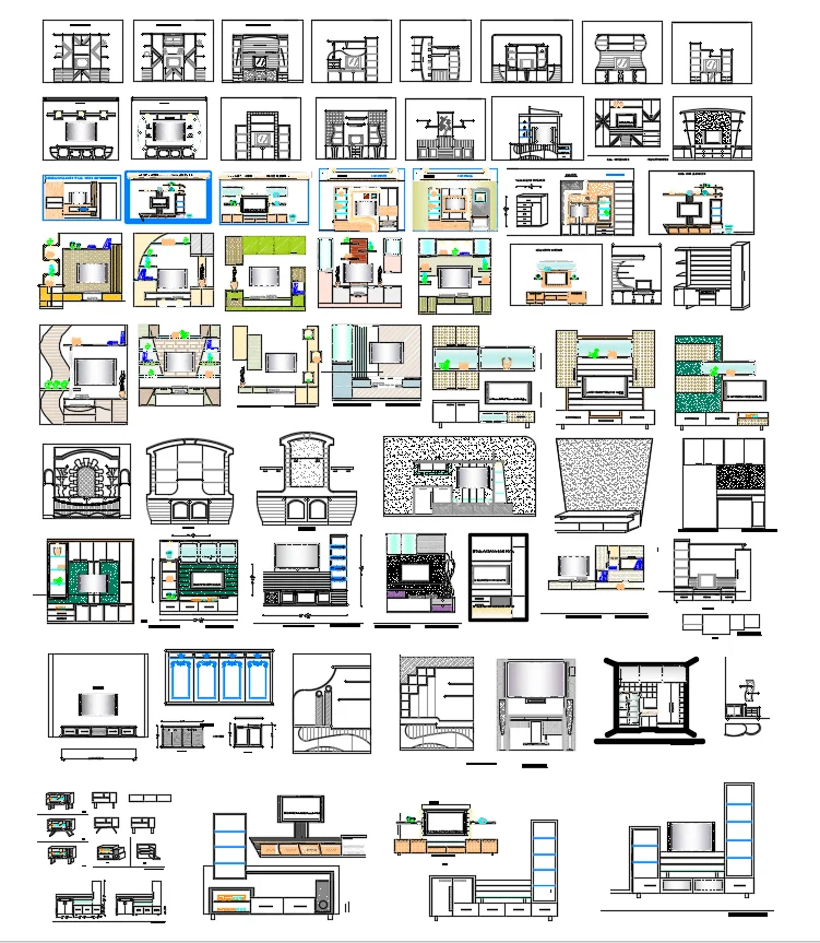 TV Wall Unit Elevation Design DWG with Dimensions 12x8 Feets