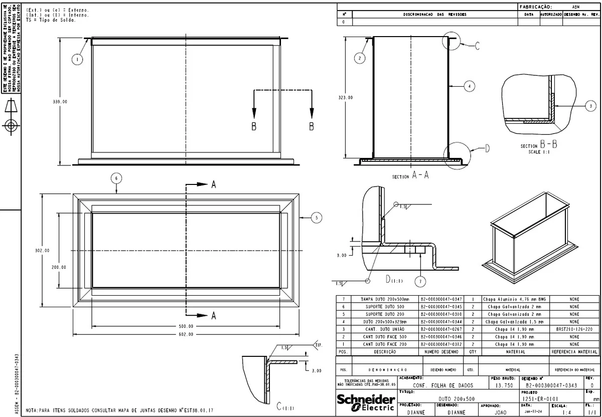 200x500 Duct and 2608mm Side Closure Fabrication CAD Drawing Set