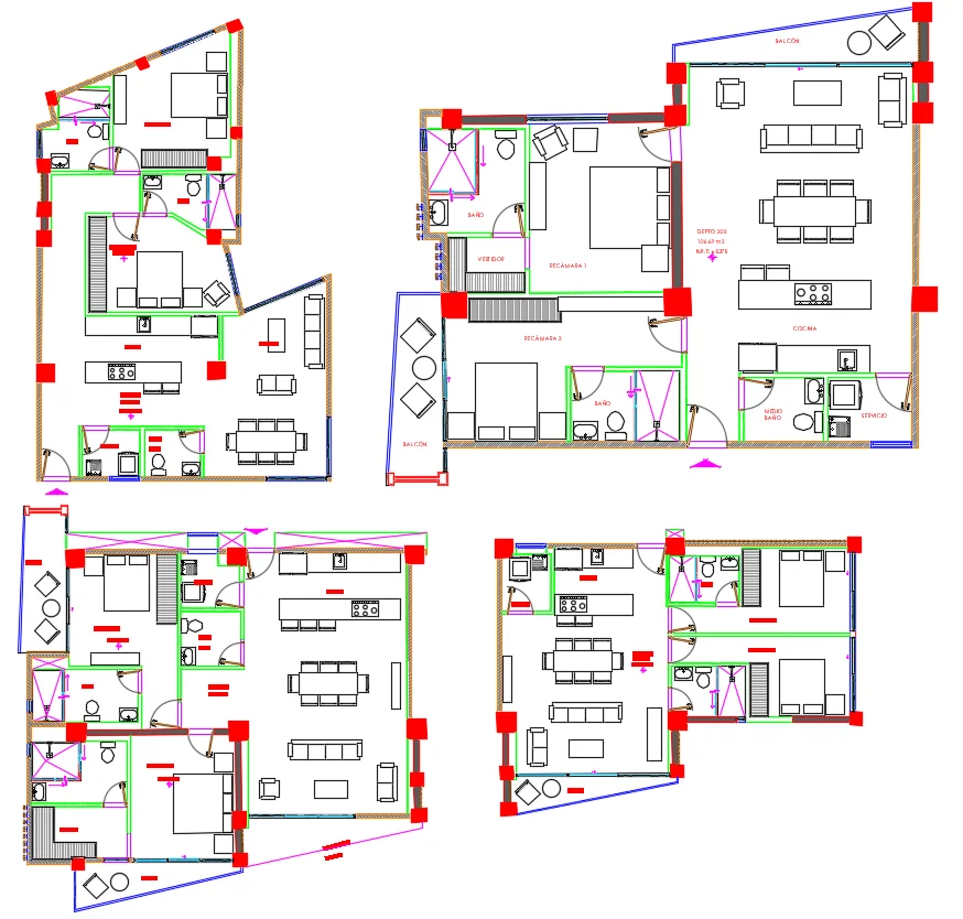 Apartment Unit Floor Plan DWG Collection with Four Layout Designs
