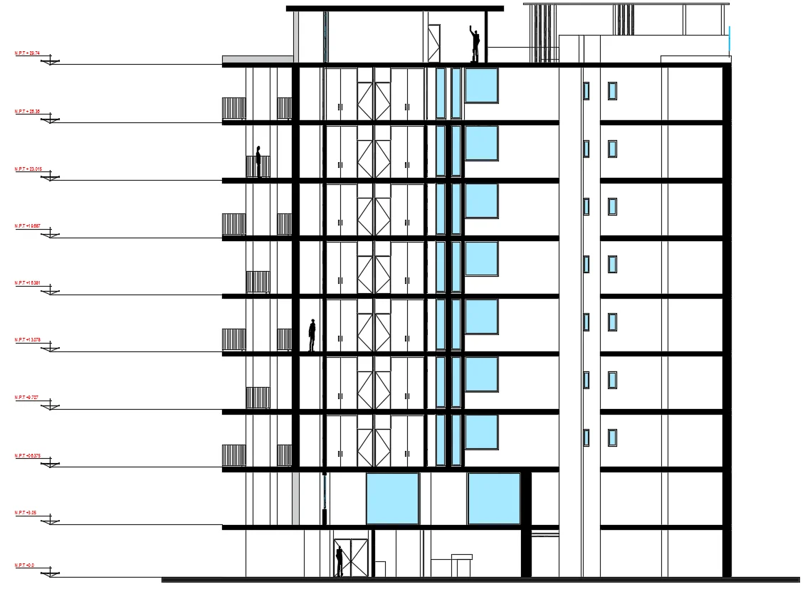 Multi Storey Building Section DWG with Lift Core Structural Layout