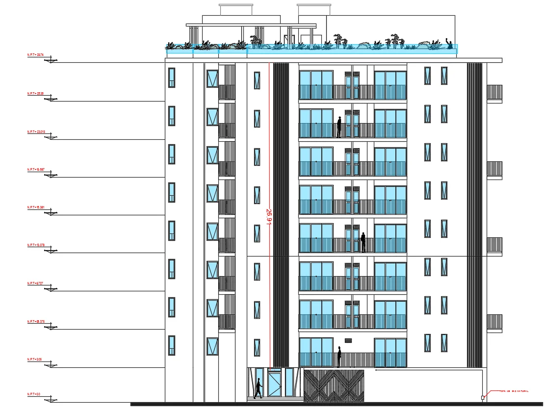 Residential Building Front Elevation DWG with 26.91m Height Design